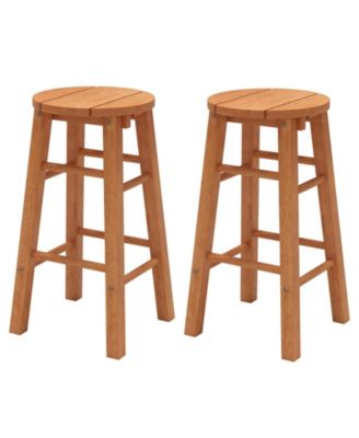 Set of 2 Outdoor Wood Bar Stools with Round Seat Footrest