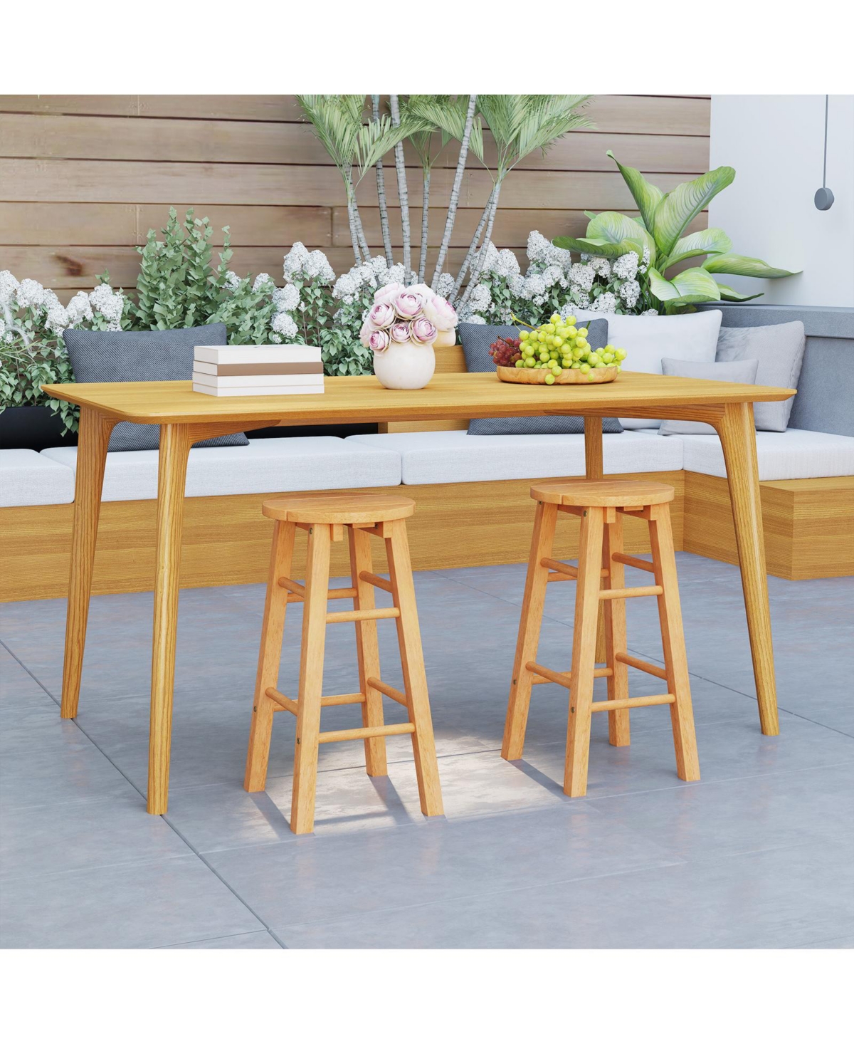 Gymax Set of 4 Outdoor Wood Bar Stools with Round Seat Footrest for Garden