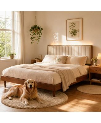 Platform Bed Frame with LED and USB Ports, Upholstered Headboard with Shelves, No Box Spring Needed, Heavy Duty Wood Metal Frame, Easy Assembly