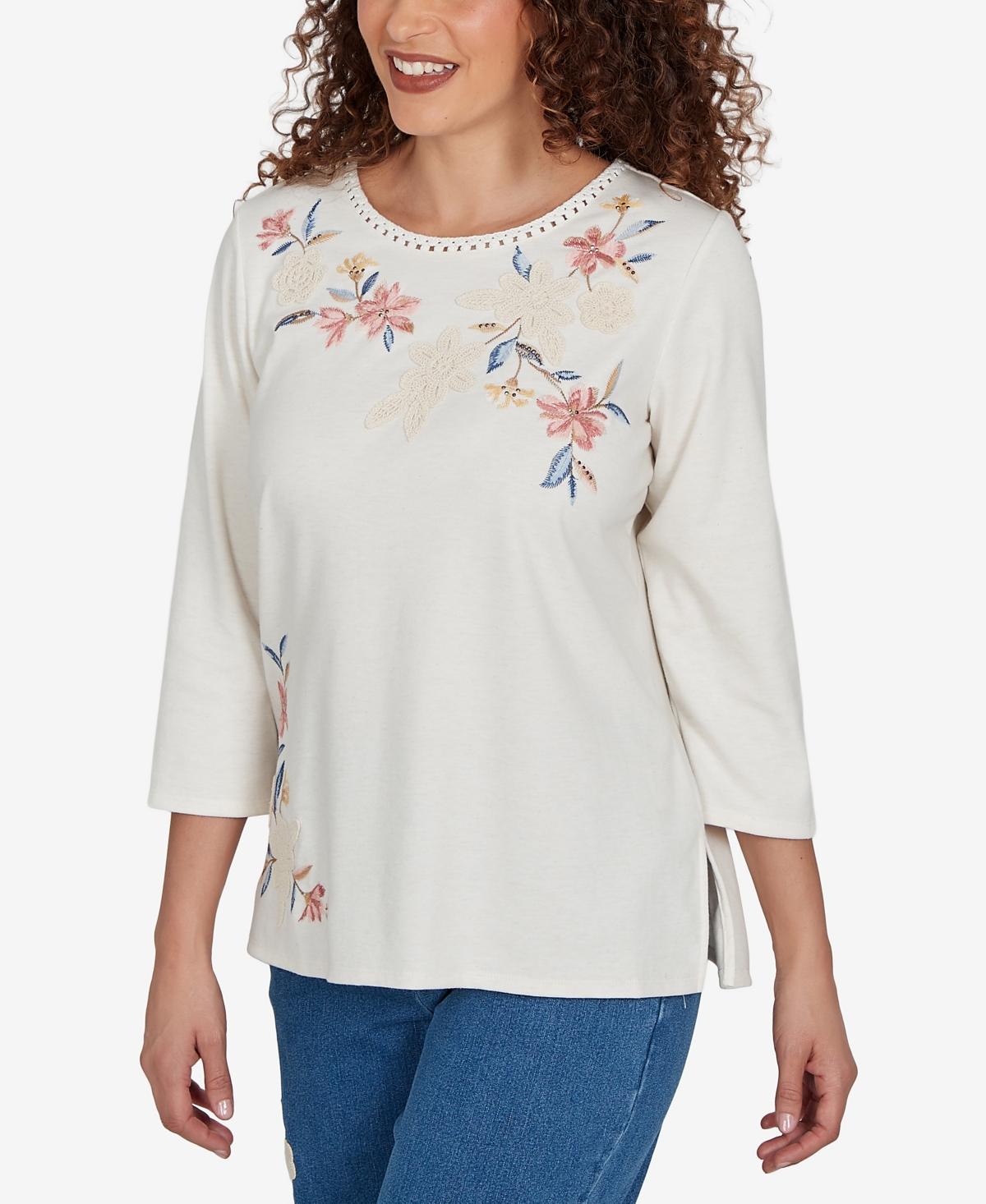 Alfred Dunner Women's Camden Market Crochet Embroidered Floral Knit Top