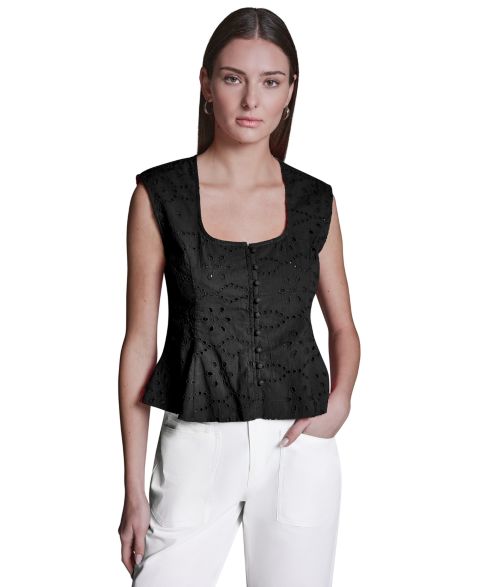 Женский топ BCBG Eyelet Detail Sleeveless Square Neck Peplum, цвет: Чёрный