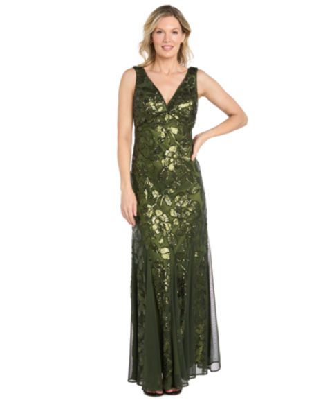 Женские платья R & M Richards Petite Floral Sequin Beaded Gown, цвет: Оливковый
