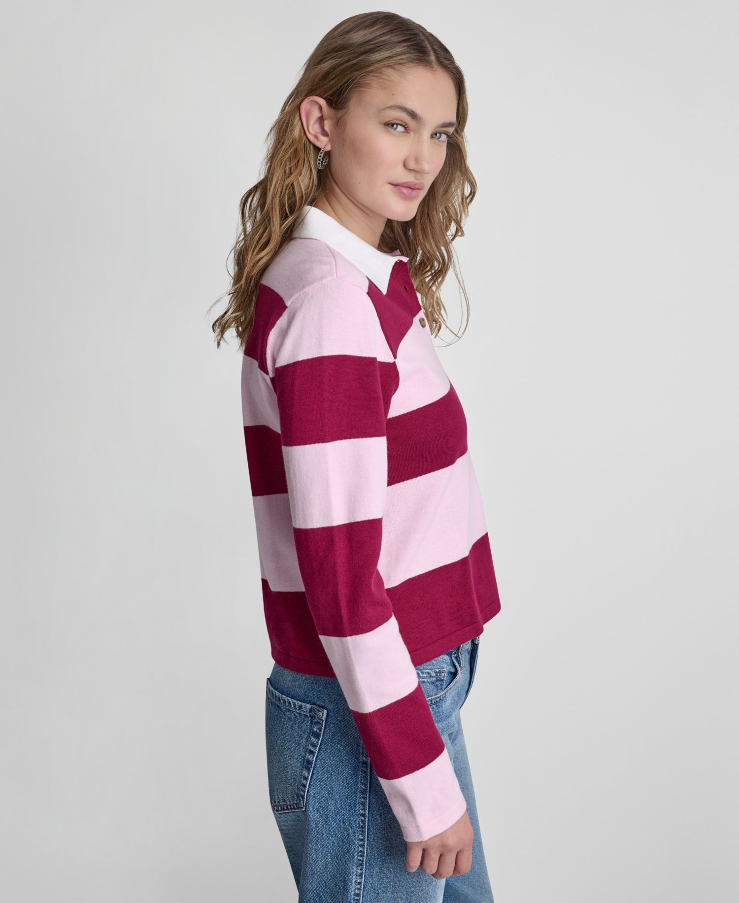 Women's Long-Sleeve Logo Charm Multi-Stripe Cotton Polo Sweater