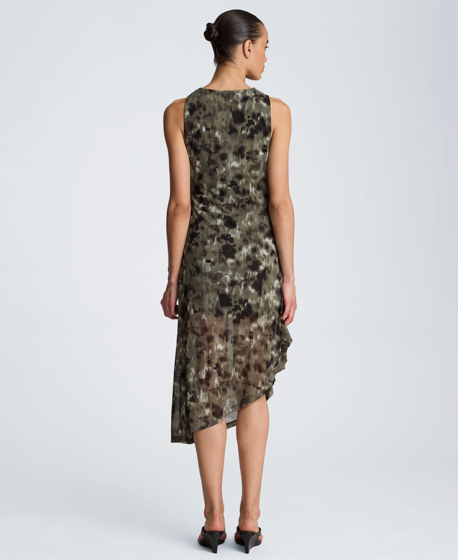 Women's Sheer Mesh Overlay Asymmetric Hem Midi Dress