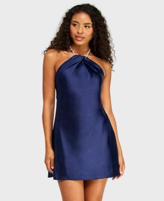 Alexa & Sophia Juniors' Imitation Pearl Beaded Halter Heavy Satin Dress 