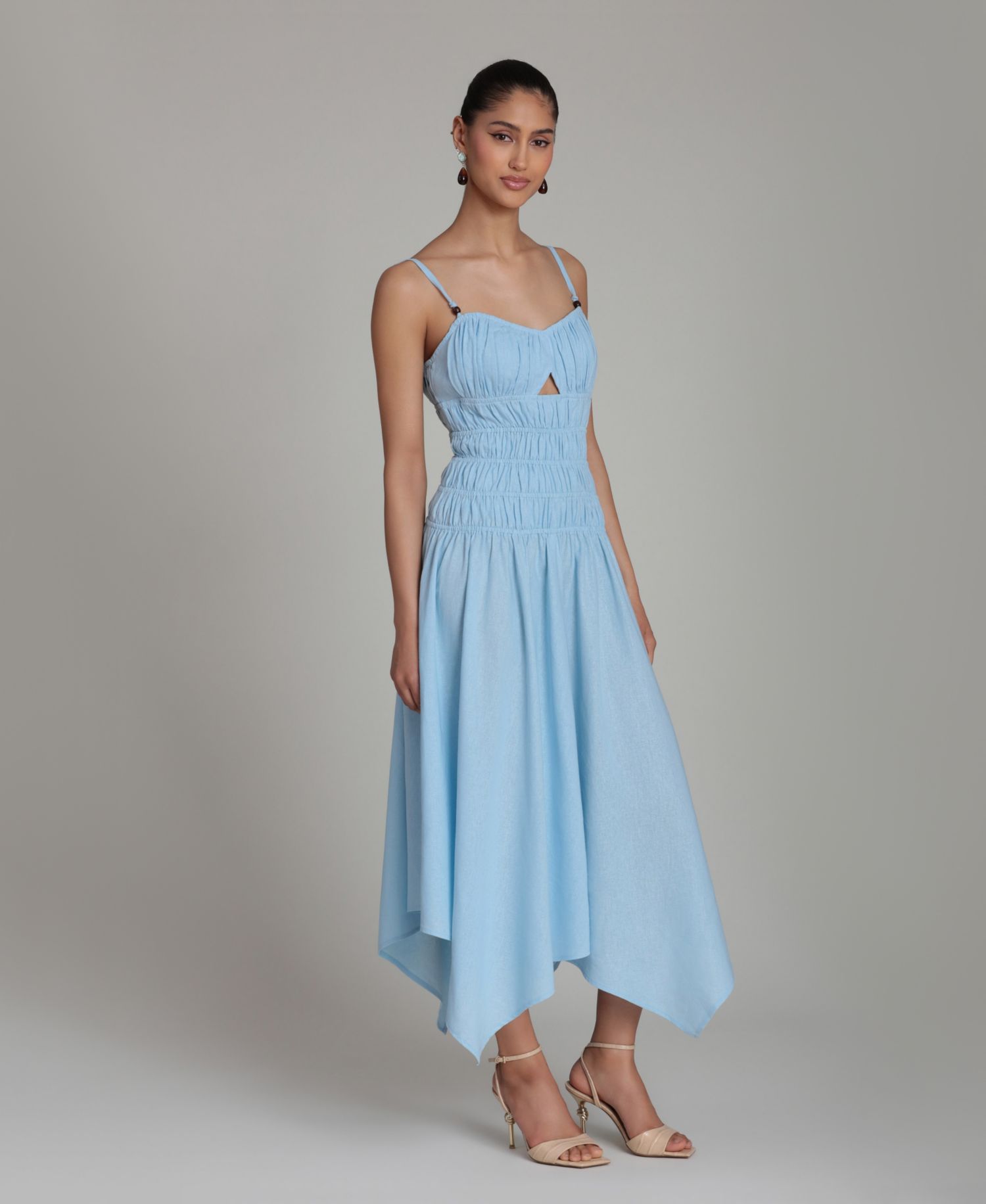 Women's Shirred Handkerchief Hem Linen Blend Asymmetric Midi Dress