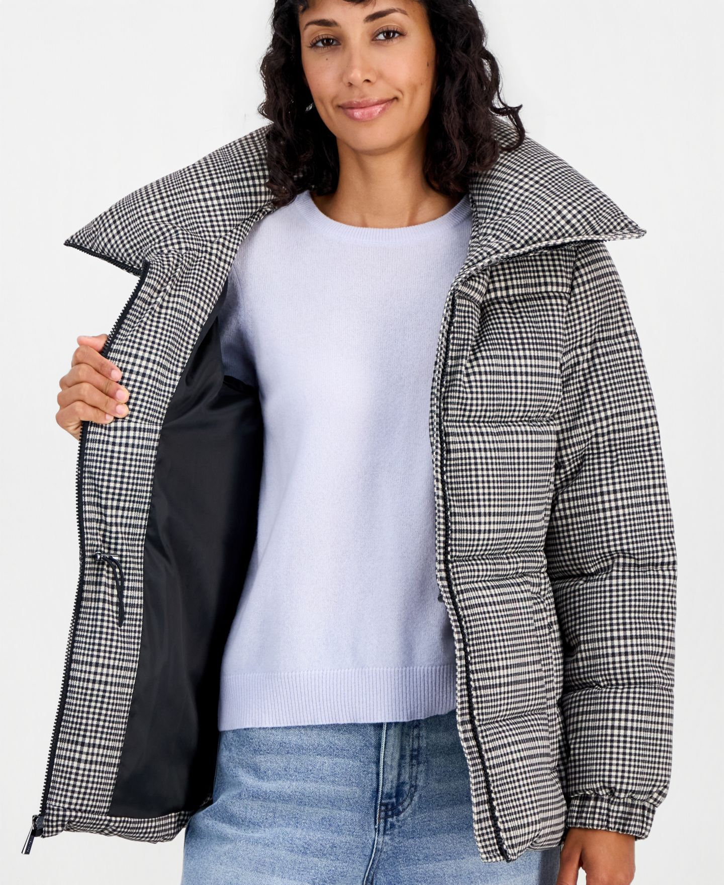 Женская куртка Michael Kors Plaid Puffer Funnel Neck, цвет: Чёрный / Молочный — фото 2