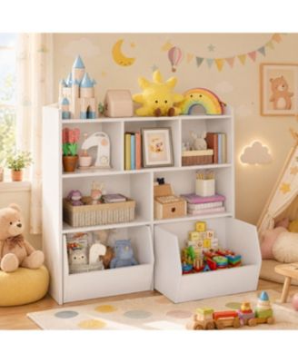 Multifunctional Toy Storage Organizer, Kids Bookshelf with 5 Storage Cubbies and 2 Drawers, Toy Chest for Playroom, Bedroom, Hallway, Classroom