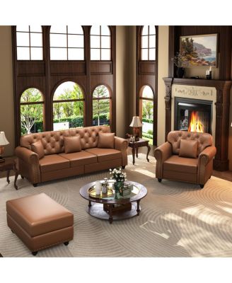 Mid-Century Modern Faux Leather Chesterfield Sofa with Nailhead Trim