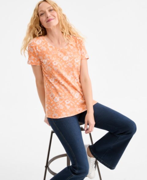 Женский топ Style & Co Printed Short-Sleeve Scoop-Neck Top, цвет: Абрикосовый