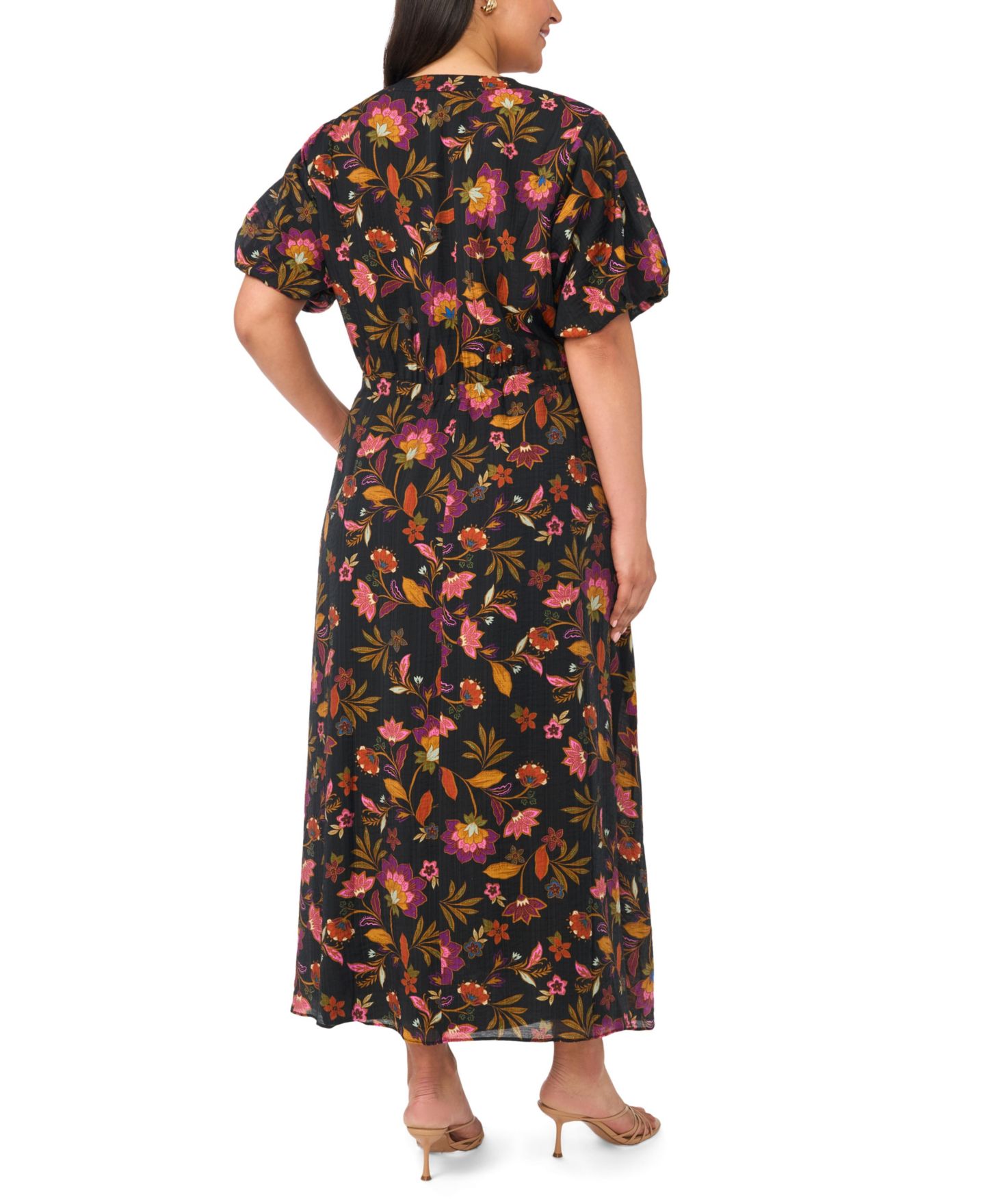 Женское платье Vince Camuto Plus Size V-Neck Puff-Sleeve Self-Tie Waist Maxi, цвет: Насыщенный чёрный — фото 4