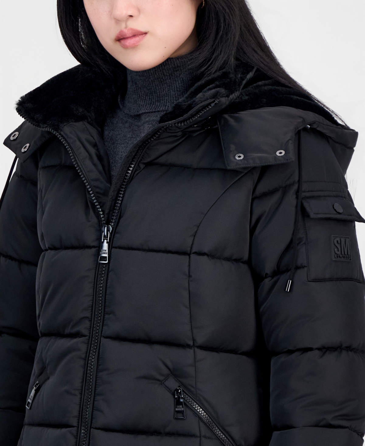 Steve Madden Women's Short Puffer Faux-Fur-Lined Hood Coat