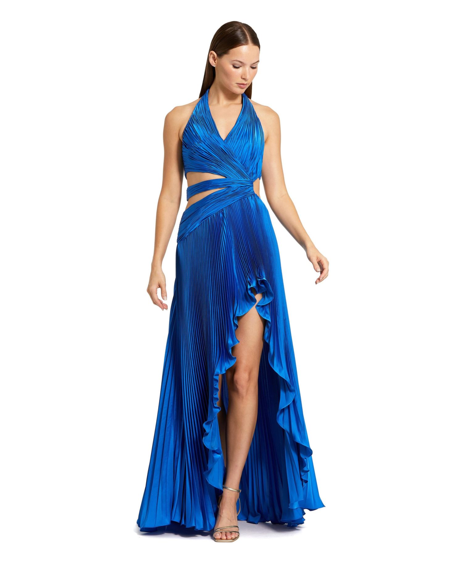 Women's Halter Neck Pleated Charmeuse Cut Out Gown