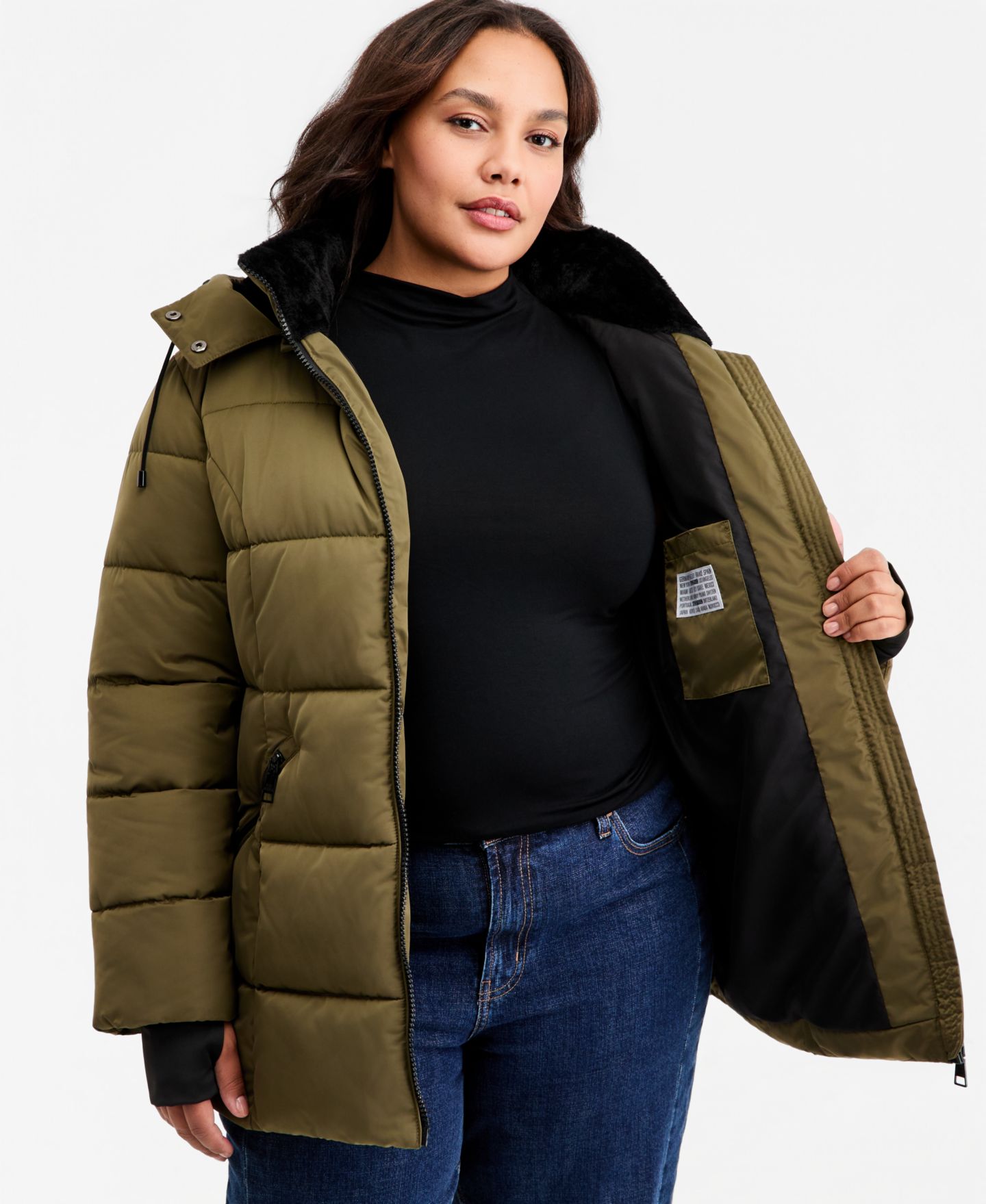 Женская куртка Steve Madden Plus Size Hooded Quilted Puffer, цвет: Оливковый — фото 4