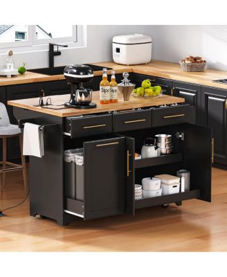 59.3inch Rolling Kitchen Island with Drop Leaf, Storage, and Power Outlet