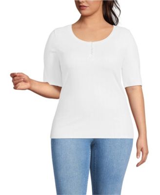 Plus Size Elbow Sleeve Variegated Micro Rib Scoop Neck Henley