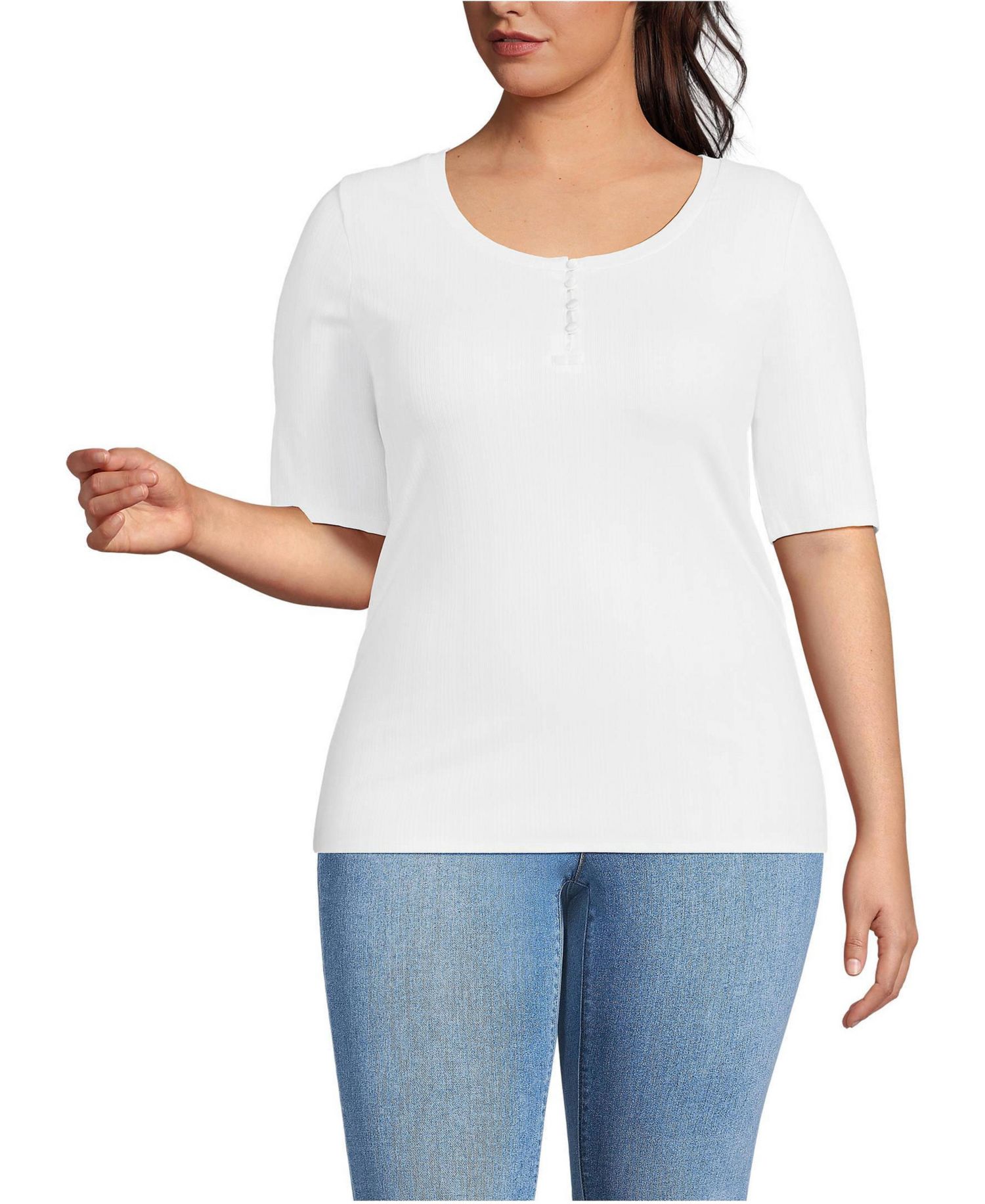 Plus Size Elbow Sleeve Variegated Micro Rib Scoop Neck Henley