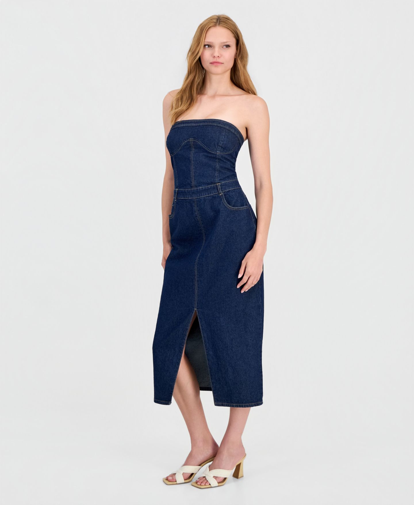 Женское платье Bar III Denim Strapless Corset Midi, цвет: Тёмная варка — фото 2