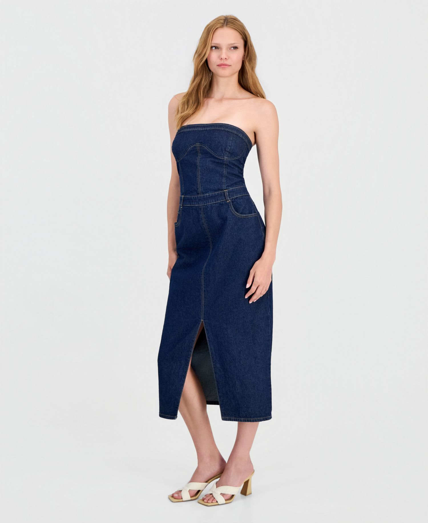 Women's Denim Strapless Corset Midi Dress
