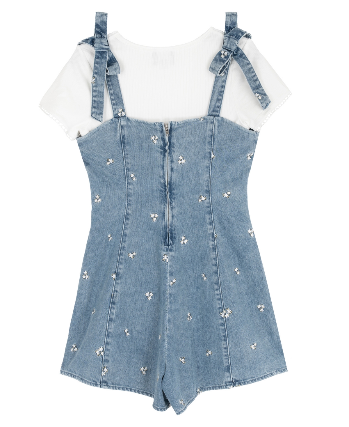 Rare Editions Girls' 7-16 T-Shirt and Embroidered Denim Bow Straps Panelled Romper, 2-Piece Set