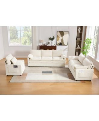 Modern Plush Upholstered Sofa with Double-Layer Cushions and Side Pockets