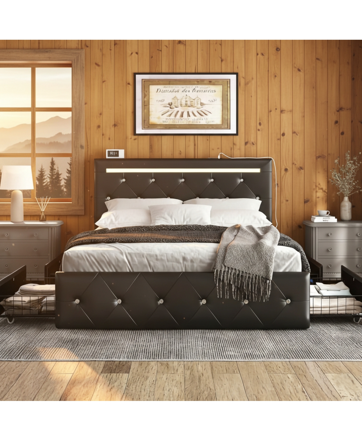 Streamdale Furniture Led Bed Frame with 4 Storage Drawers and Charging Station