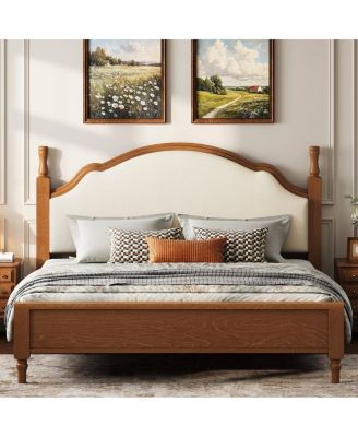 Wood Platform Bed with Upholstered Headboard
