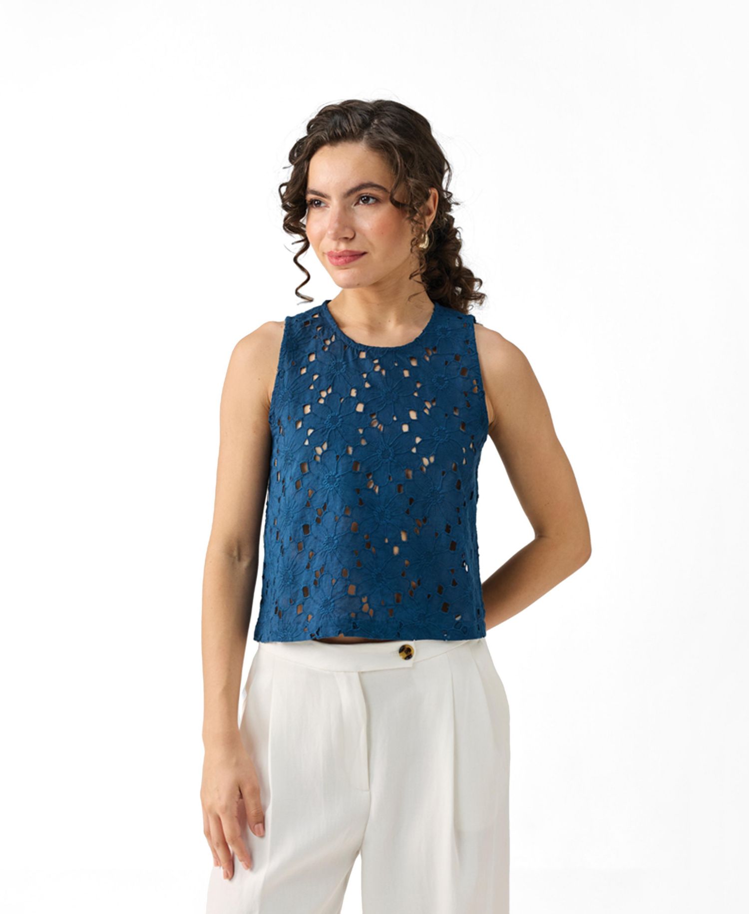 Women's Embroidered Sleeveless Button-Back Top