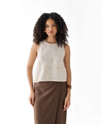 Women's Checkered Linen Embroidered Button-Back Top