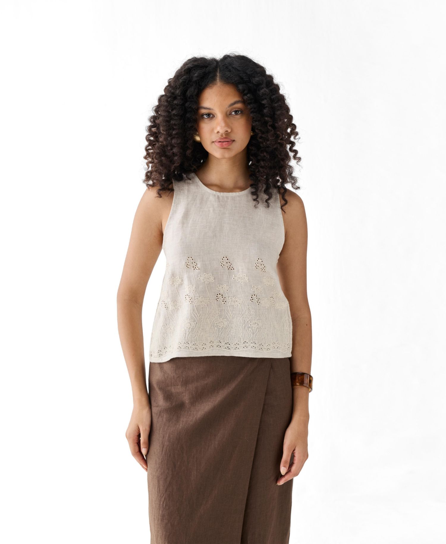 Women's Checkered Linen Embroidered Button-Back Top