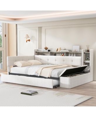  Upholstered Daybed with Trundle, Storage, USB, and LED Lights