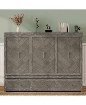 Pine Wood Murphy Cabinet Bed with USB Charging Station