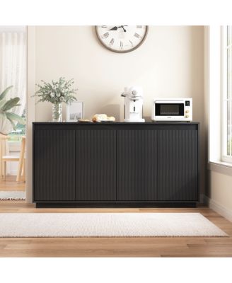 4-Door Wood Sideboard Buffet Cabinet with Power Outlet and Wavy Texture