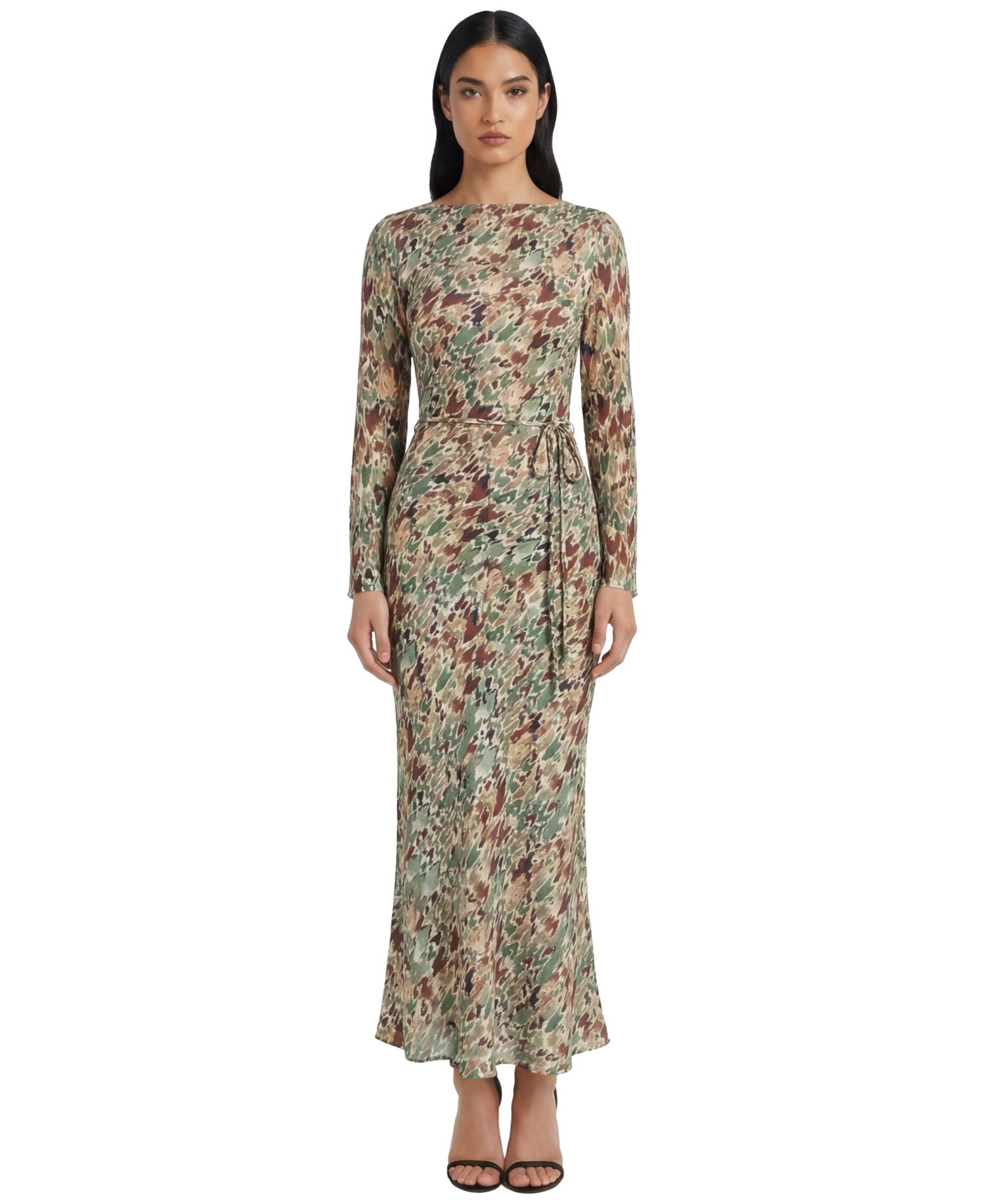 Women's Boat Neck Long-Sleeve Fitted Midi Dress