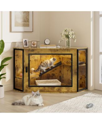 48" Corner Cat Litter Box Enclosure with LED Light, Stairs, and Acrylic Door