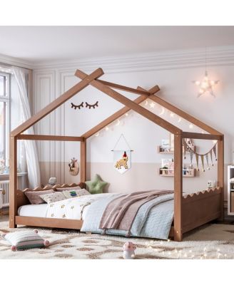 House Floor Bed with Support Slats, Solid Wood Frame