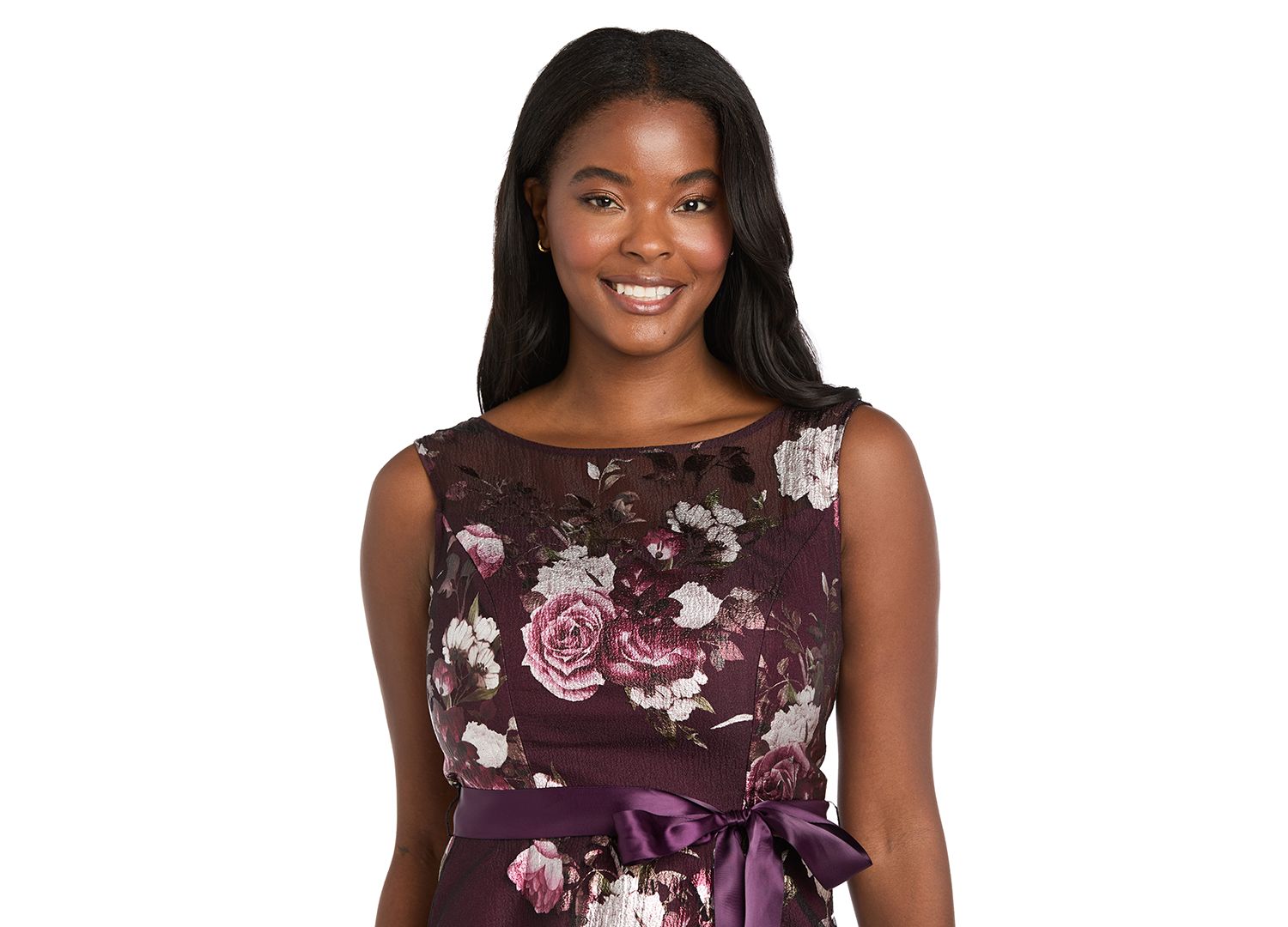 Women's Printed Foil Floral Boat Neck Gown