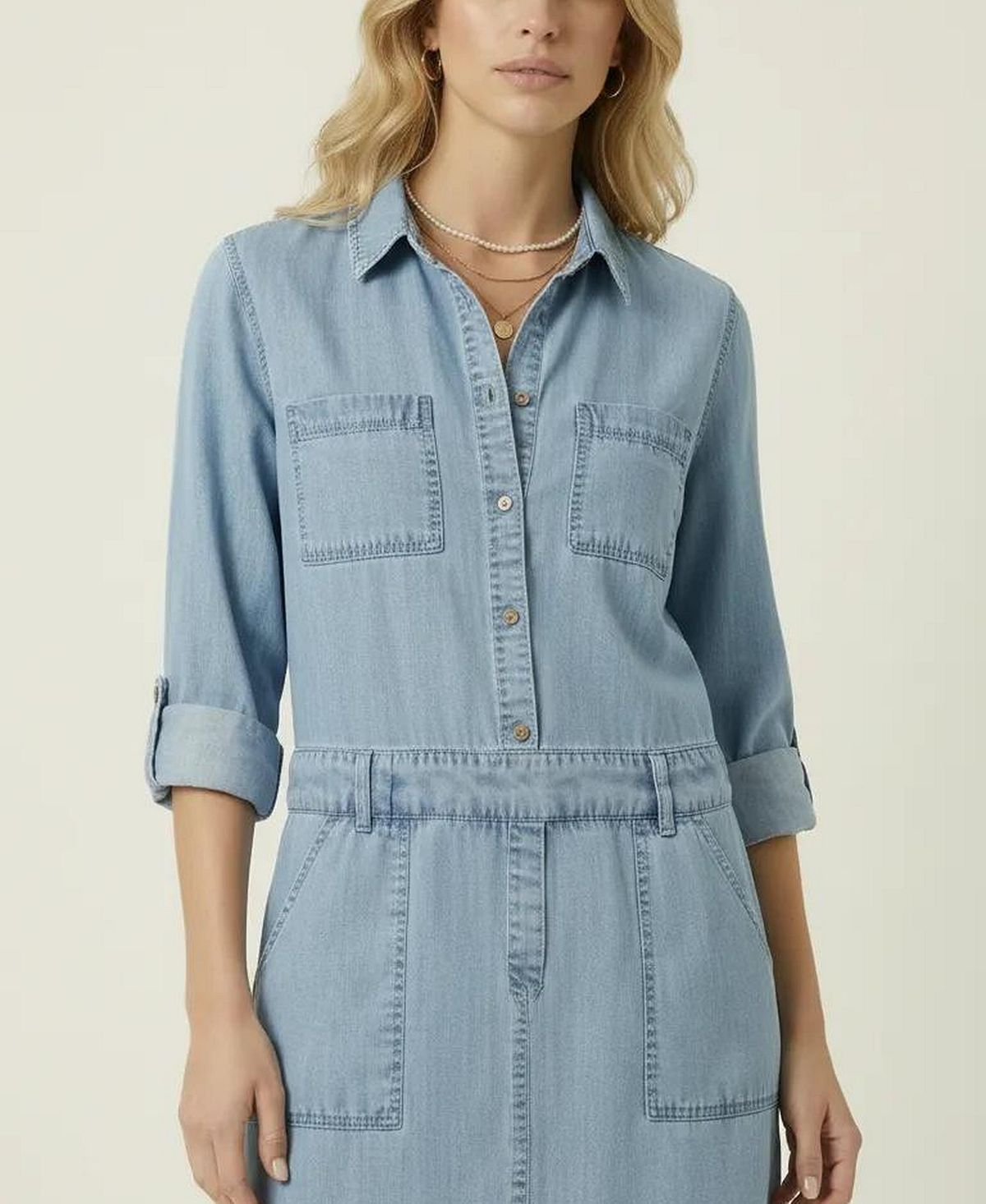 Modenaire Women's Long-Sleeve Button-Front Denim Mini Dress view 3 — MAYCSS fashion products