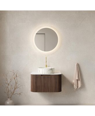 Wall Mounted Bathroom Vanity with Sintered Stone Top, Round Ceramic Basin, Stripe Drawer, Pre-assemble