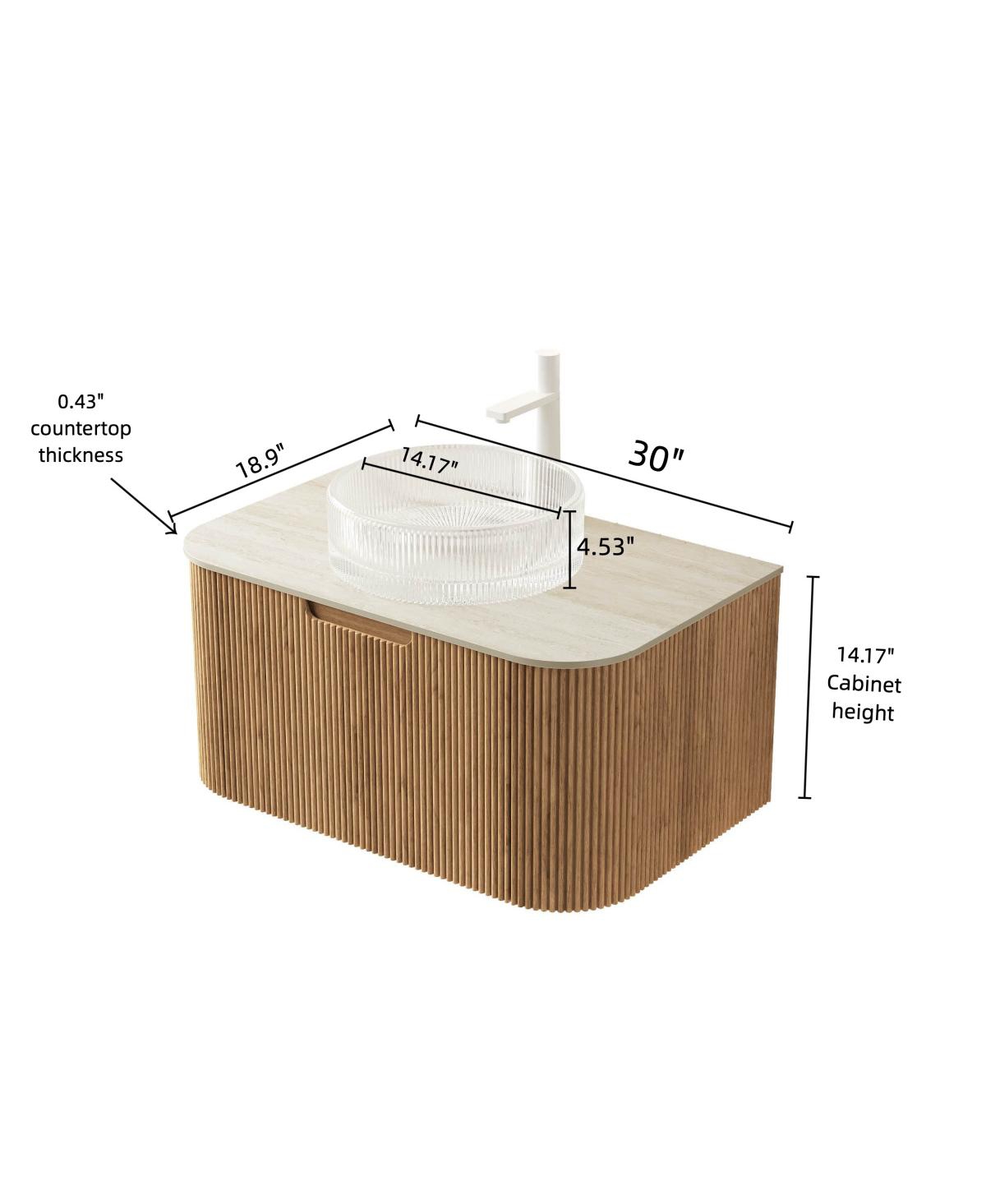 Sillysis Wall Mounted Bathroom Vanity with Crystal Glass Round Sink, Wood Grain Cabinet, Sintered Stone Top