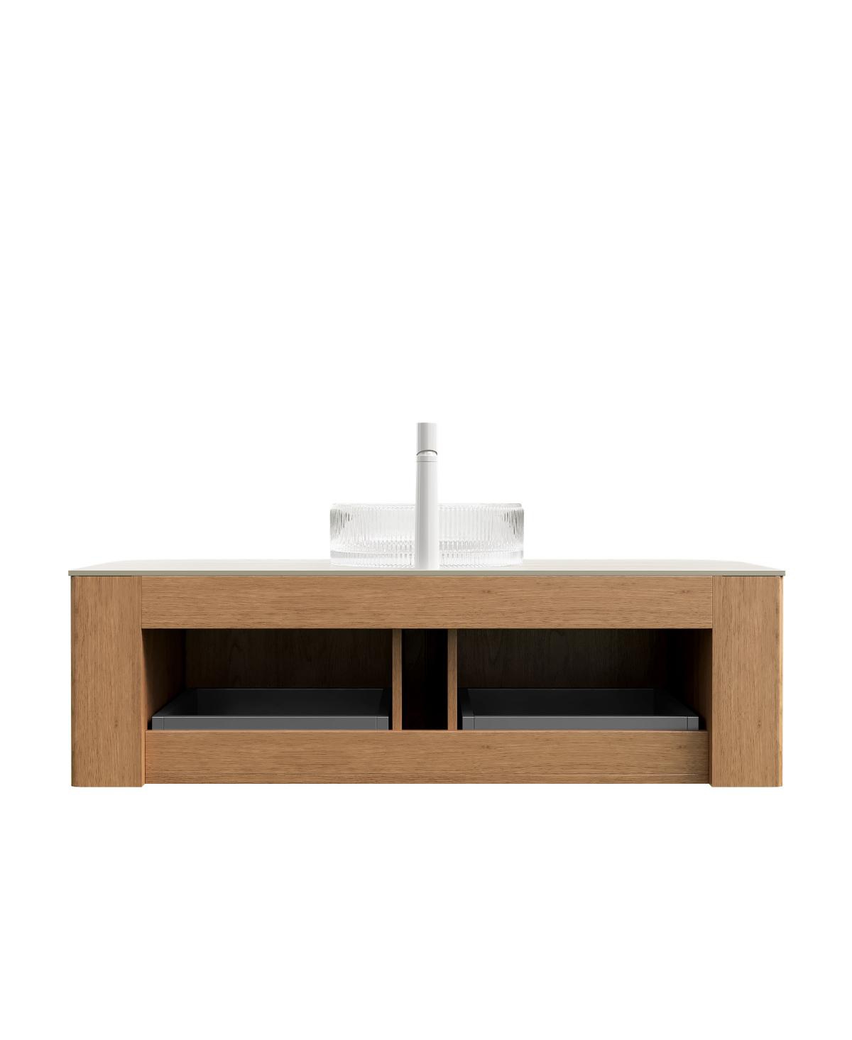 Sillysis Wall Mounted Bathroom Vanity with Crystal Glass Round Sink, Wood Grain Cabinet, Sintered Stone Top