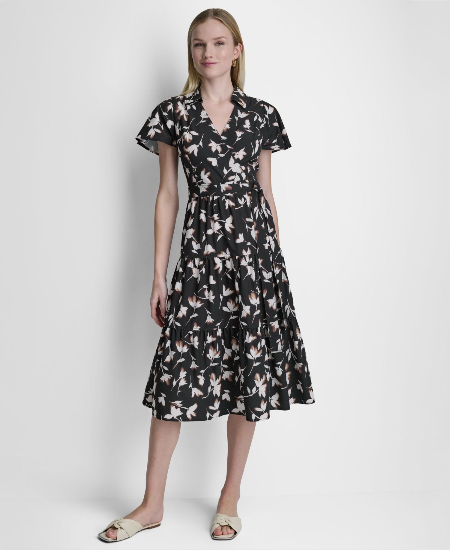 Women's Flutter-Sleeve Tiered Printed Midi Dress