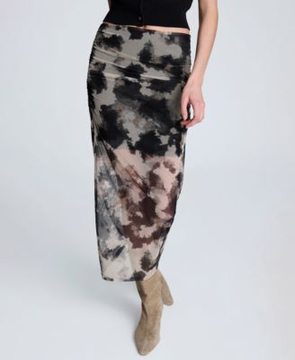 Women's Side Ruched Printed Mesh Midi Skirt