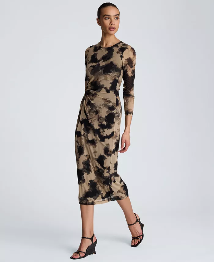 Women's Knot Front Printed Mesh Midi Dress - thumbnail 3