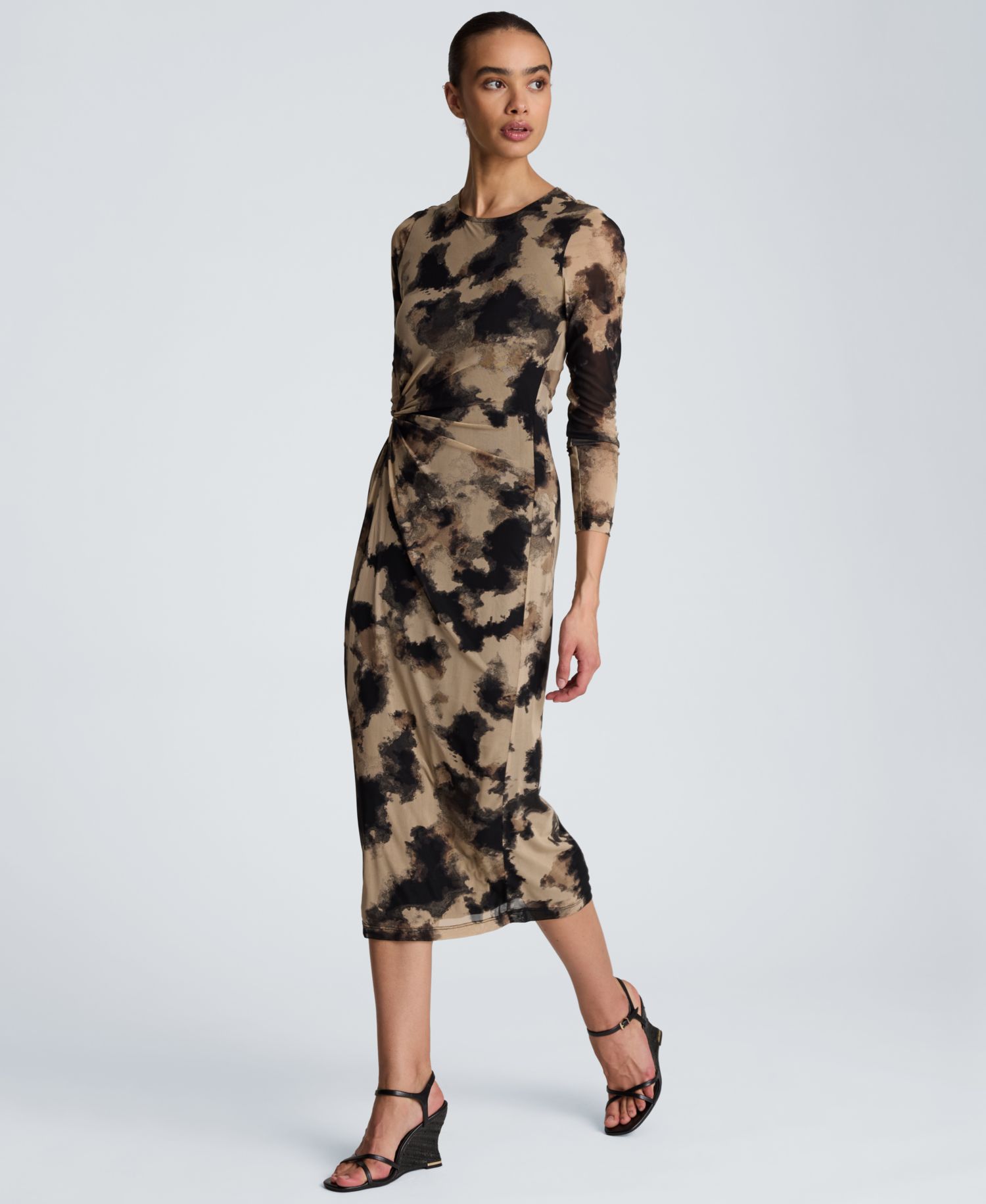 Women's Knot Front Printed Mesh Midi Dress