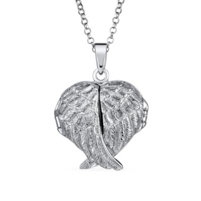 Spiritual Angel Wing Feathers Heart Locket Necklace Keepsake Photos Oxidized .925 Sterling Silver
