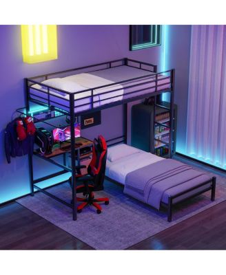 Twin Over Twin L-Shaped Metal Bunk Bed with Desk and Storage