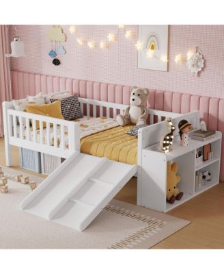 Twin Low Loft Bed with Slide and Movable Bookshelf