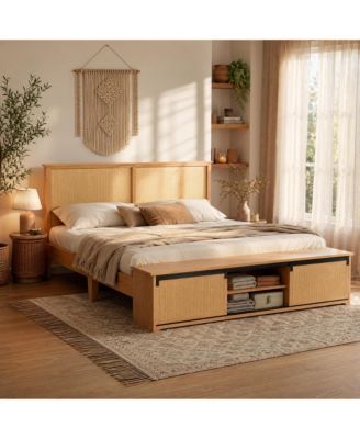 Rattan Headboard Platform Bed with Bedside Storage, Sliding Door Storage Bench and Color-Changing LED Lighting, Quiet Support, Easy Assembly
