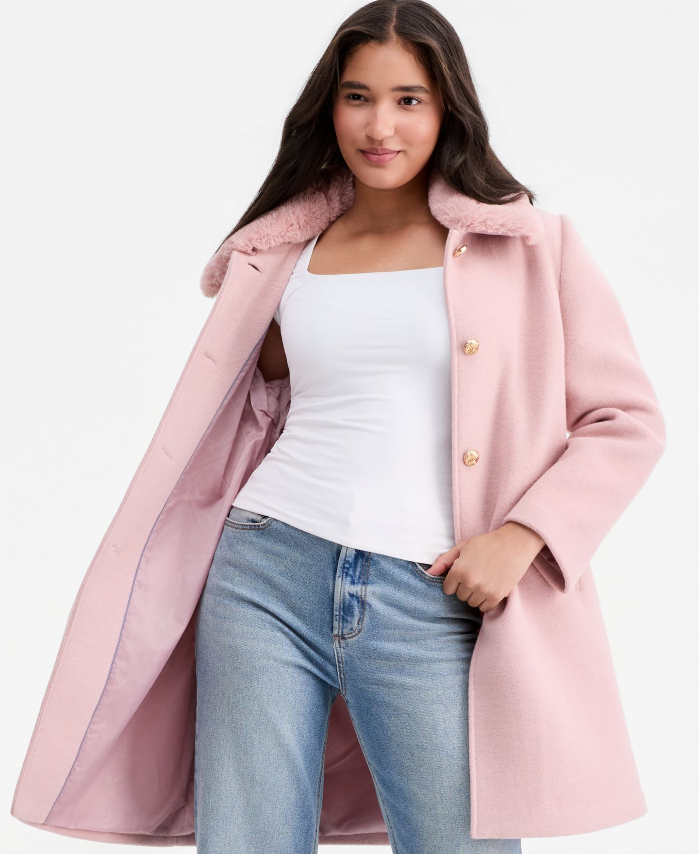 Женское пальто CeCe Faux-Fur Club Collar Mid-Length Lined, цвет: Пудровый розовый однотонный — фото 5